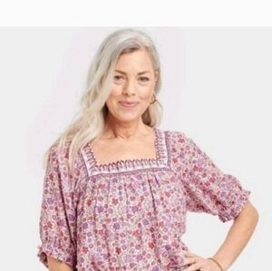Knox Rose Floral Short Sleeve Peasant Boho Blouse Size Large Spring Summer